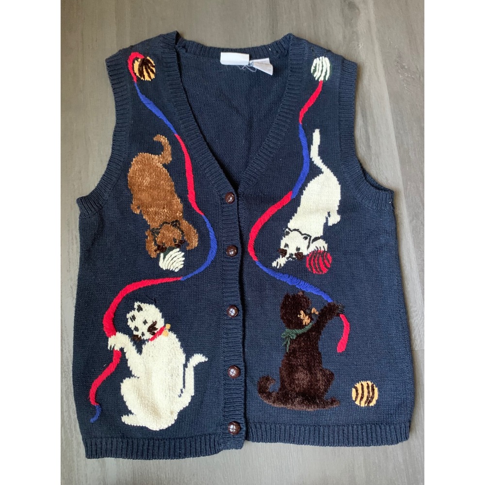 Capacity Petite Large Navy Blue Cat yarn sweater Vest Button Front V-Neck‎ VTG